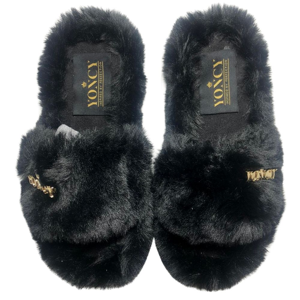 Дамски чехли Yoncy  черни с брошка