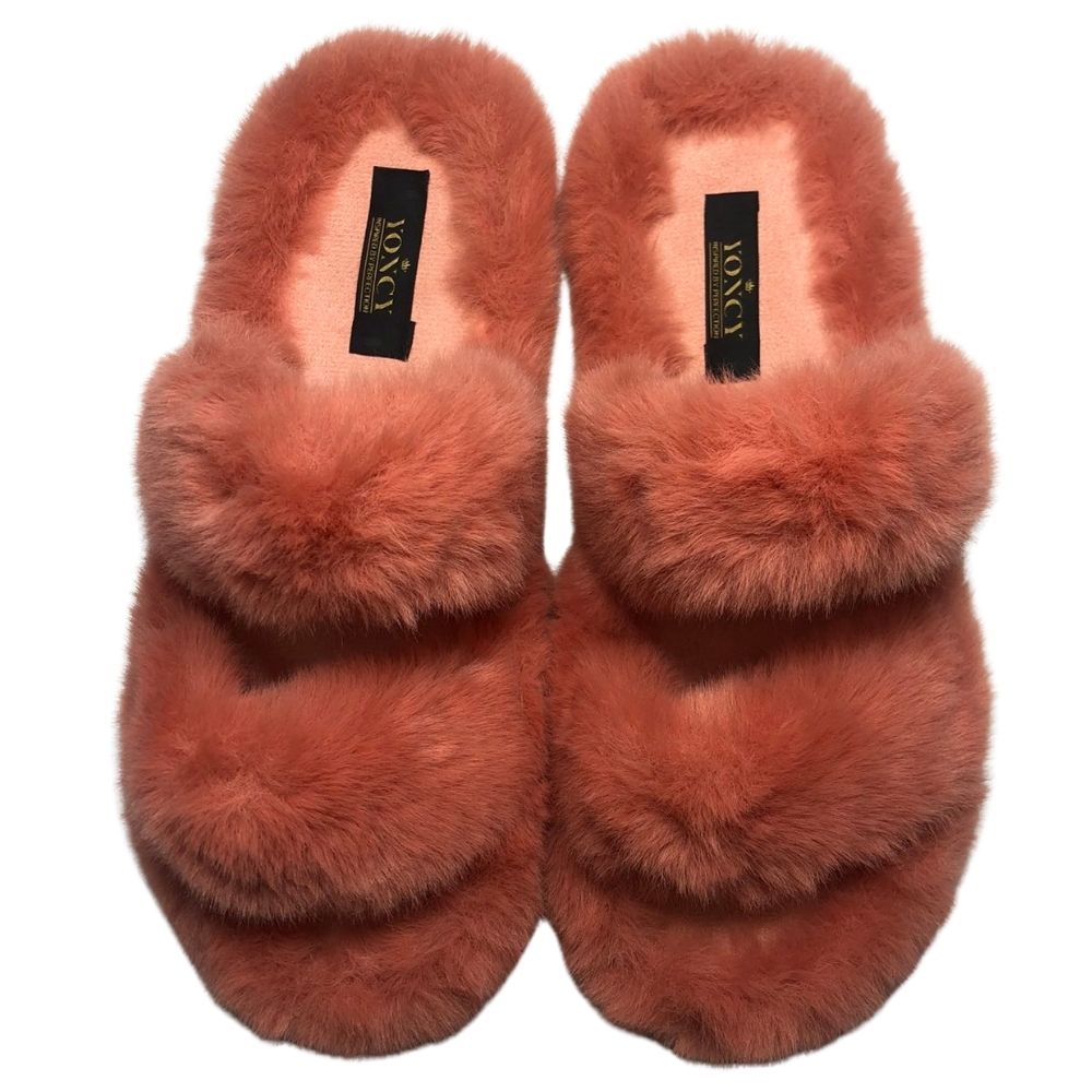 Дамски чехли с пух и две ленти Yoncy корал 