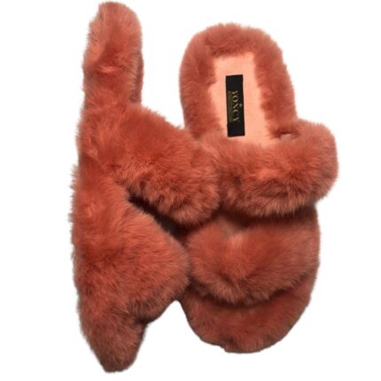 Дамски чехли с пух и две ленти Yoncy корал